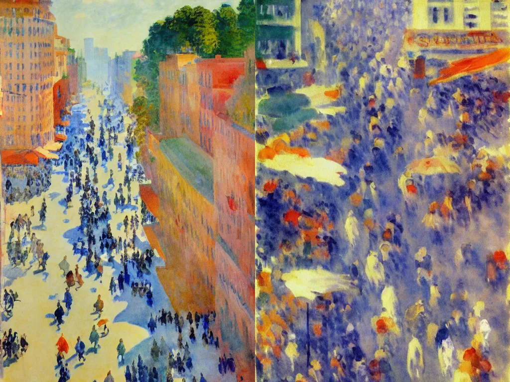 Prompt: grand river watercolor, impressionist watercolor painting by Claude Monet, surrealist aerial view of curly headed tan man walking through crowded downtown market by Edward Hopper, by Sonia Delaunay, by Jean Giraud