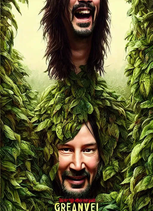 Image similar to highly detailed comedy caper movie poster with silly wacky zany keanu reeves as a sentient pile of leaves, keanu reeves green face as a sentient leafy bush by greg rutkowski, masterpiece, really funny, 1 0 / 1 0 comedy