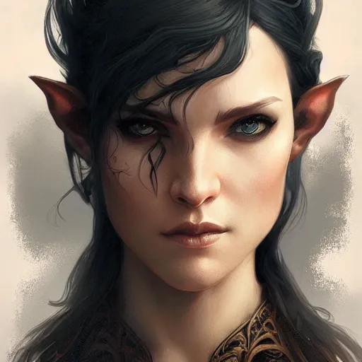 Image similar to portrait of half - elf rogue, face, dark fantasy, intricate, elegant, highly detailed, digital painting, artstation, concept art, smooth, sharp focus, illustration, art by artgerm and greg rutkowski and alphonse mucha, wlop