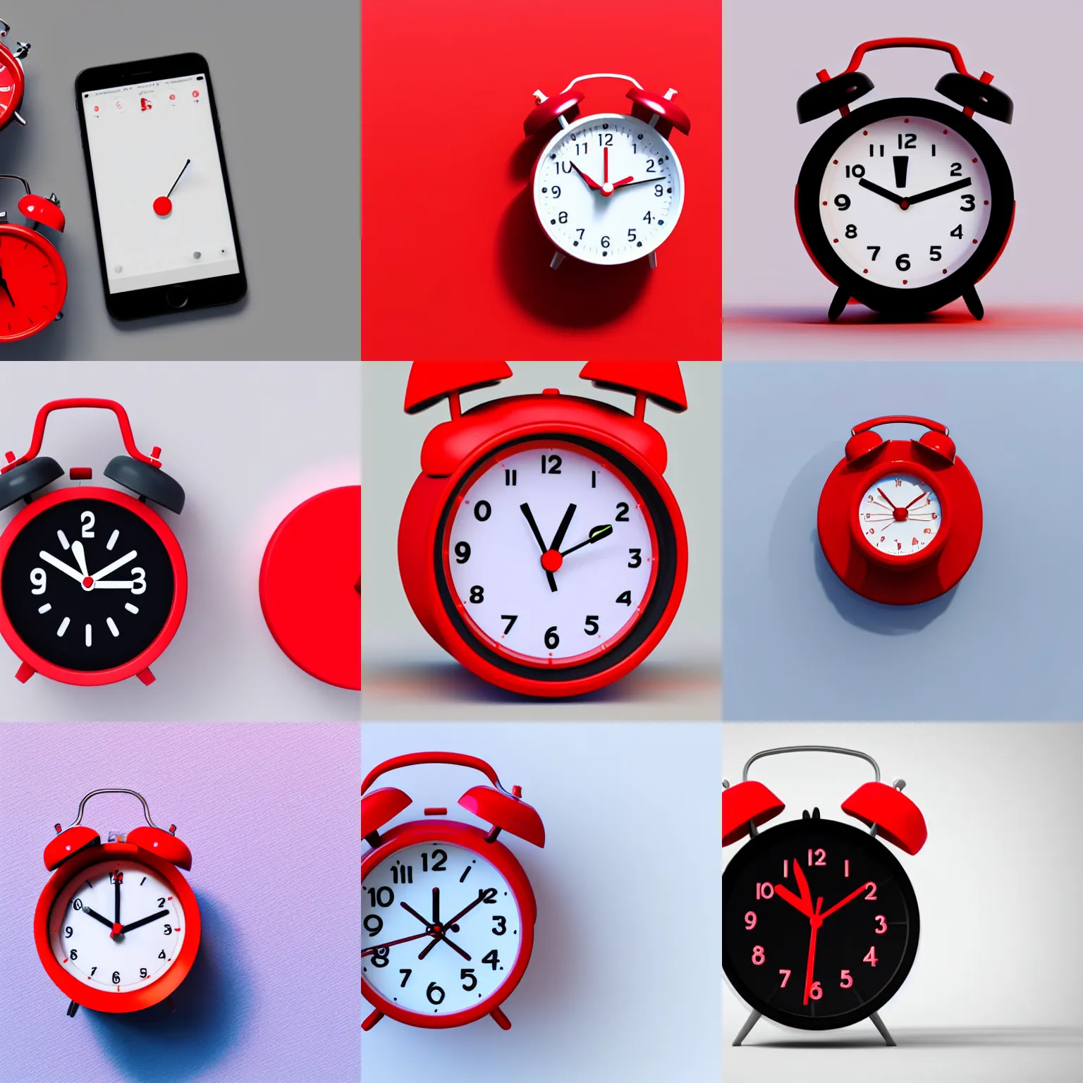 Image similar to Center red alarm clock on a flat 2D white background that looks like the iOS emoji, 3D clay render, 4k UHD, isometric top down left view, diffuse lighting, zoomed out very far