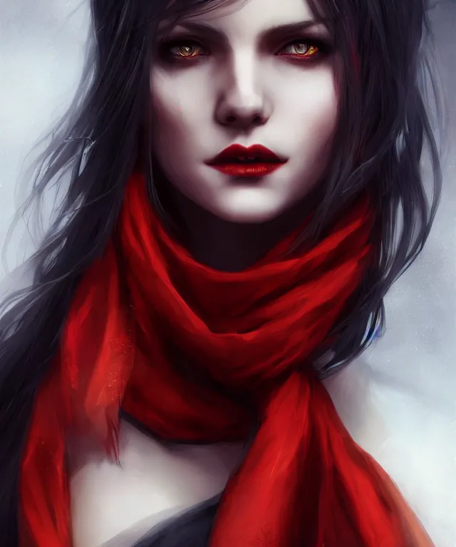 Prompt: vampire wearing red scarf by charlie bowater and titian and artgerm, full - body portrait, intricate, face, london, elegant, ( orange mist ), beautiful, highly detailed, dramatic lighting, sharp focus, trending on artstation, artstationhd, artstationhq, unreal engine, 4 k, 8 k