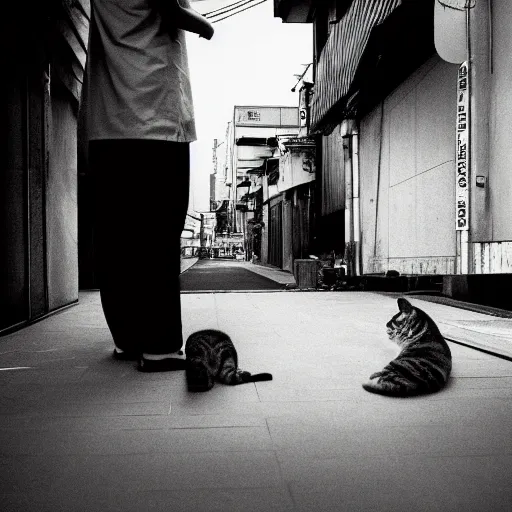 Prompt: daido moriyama style photograph of a cat and its female owner on a rooftop in Tokyo,
