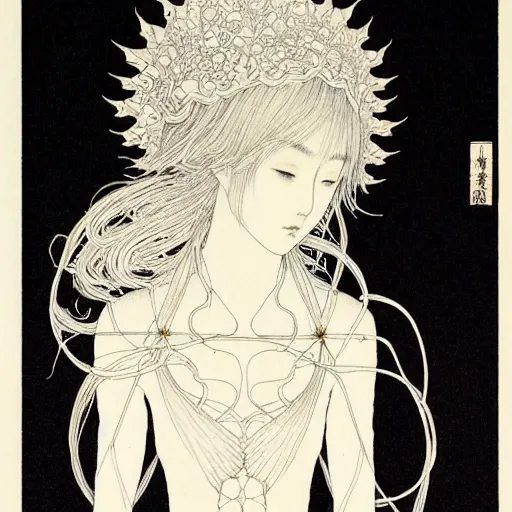 Image similar to prompt: Fragile looking vessel portrait soft light drawn by Takato Yamamoto, inspired by Fables, ancient crown, magical and alchemical weapons, soft light, white background, intricate detail, intricate ink painting detail, sharp high detail, manga and anime 2000