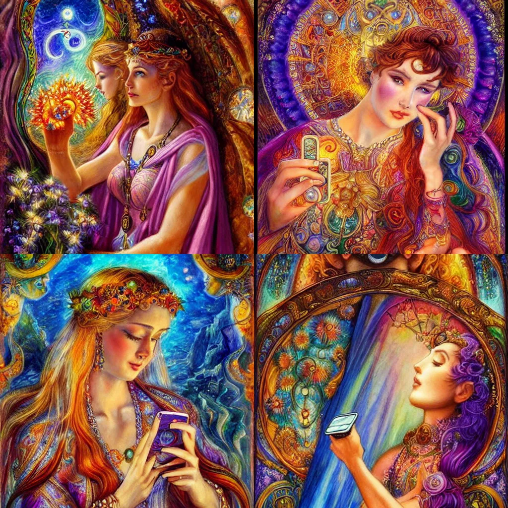 Image similar to goddess checking her phone, by josephine wall, trending on artstation, amanda sage