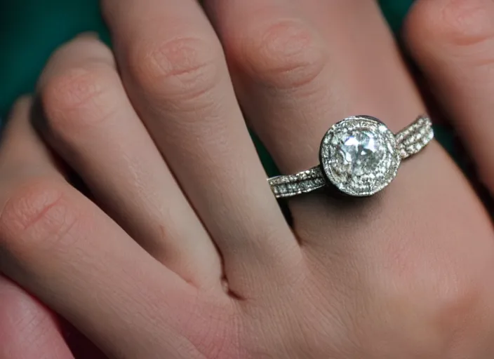 Image similar to a big glimmering dimond ring on a lady hand in the 8 0's. closeup. clouds in the background