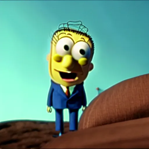 Image similar to mr. bean as spongebob. movie still. cinematic lighting.