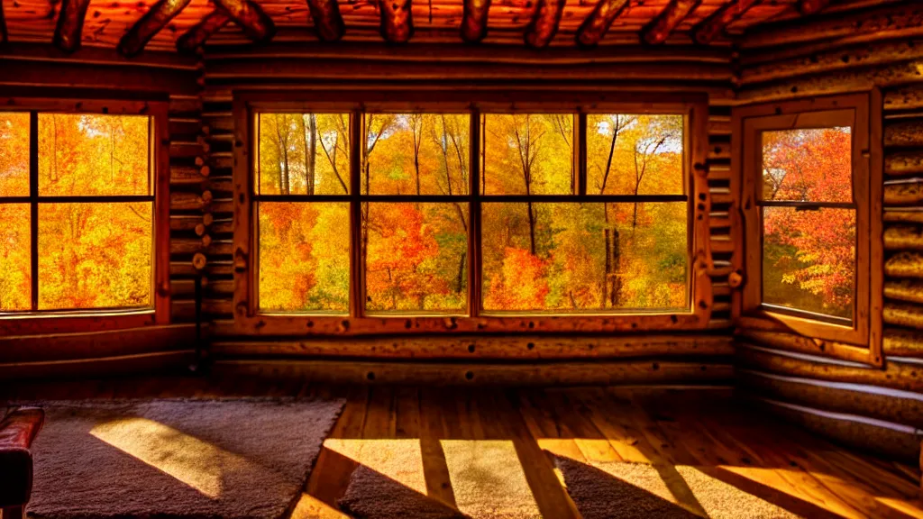 Prompt: inside an old log cabin, the autumn light comes in through a window and dimly illuminates the room, softened diffuse light, photorealism, photo taken with canon EOS 5D and 35 mm lens