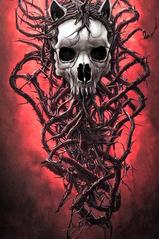 Prompt: realistic portrait beautiful detailed matte painting of cinematic movie scene a wolf skull, tentacles, black and red, thorns, vines, horror, created by gustave dore and greg rutkowski, high detailed, smooth draw, synthwave neon retro, intricate, realistic proportions, dramatic lighting, trending on artstation.