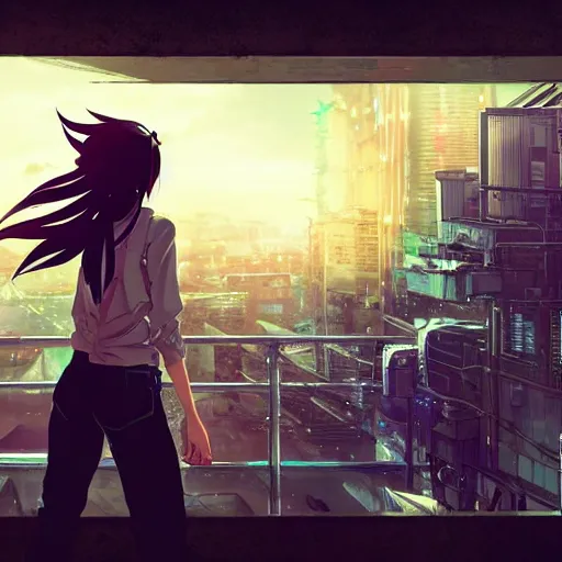 Prompt: android mechanical cyborg anime girl overlooking overcrowded urban dystopia. long flowing hair. gigantic future city. pitch black night. raining. makoto shinkai. wide angle. distant shot. dark and dreary.