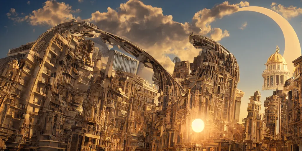Image similar to human futuristic city, highly detailed,, beautiful architecture greek style, si - fi, golden hour light, two moon on the sky, 8 k, sharp focus, cinematic