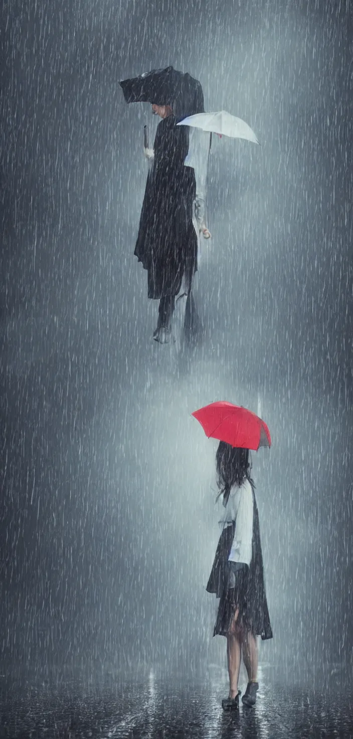 Prompt: girl with umbrella on the wet road, rain, thunder, fog, anime style