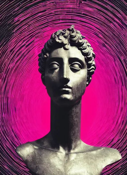 Image similar to black background with subtle red and purple design elements, greco roman statue, nekro, graphic design, thin lines, dark, glitch art, neo vaporwave, gritty, layout frame, trending on artstation