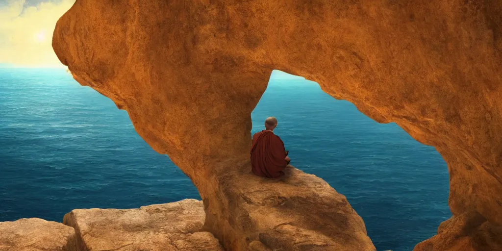 Image similar to A cliff with a narrow ledge looks out onto a vast ocean a monk sits on the ledge in the lotus position, cinematic lighting, detailed oil painting, hyperrealistic, 8k