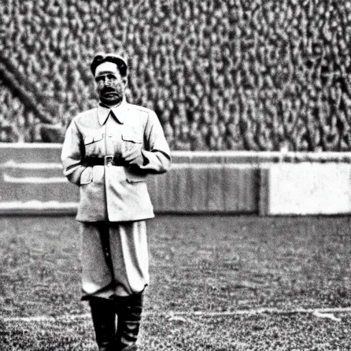 Prompt: stalin stands at the gate on the football field and catches the ball, photo of stalin at the stadium