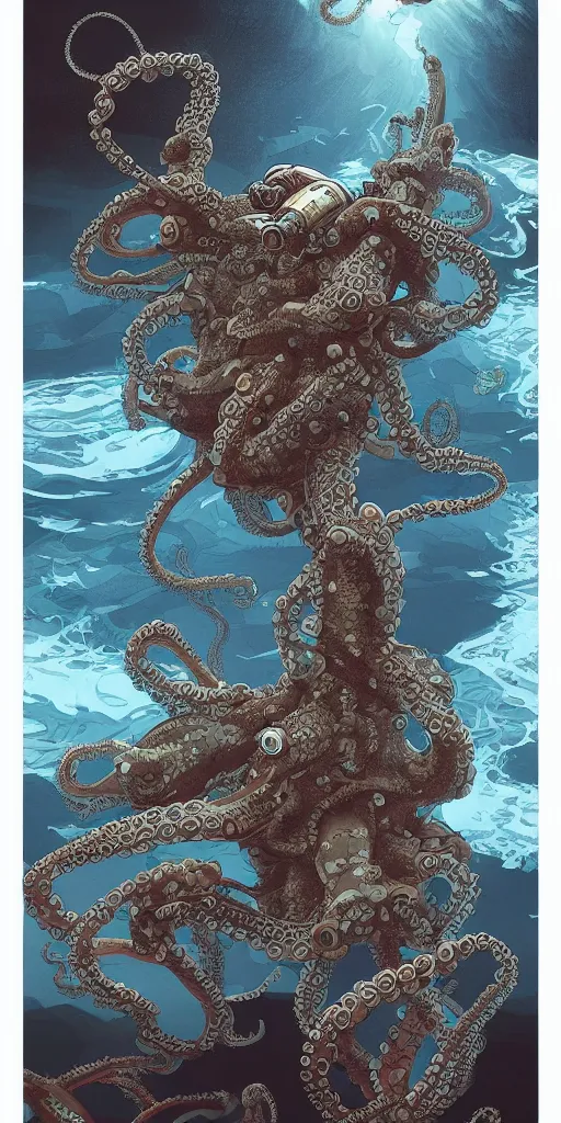 Image similar to robotic octopus, style of james jean and laurie greasley and greg rutkowski, dynamic composition, dramatic lighting, hyper - realistic, ultra detailed, 8 k