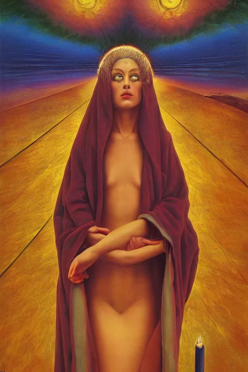Image similar to gorgeous robed cult girl performing realism third eye ritual, expanding energy into waves into the ethos, epic surrealism 8k oil painting, portrait, depth of field, perspective, high definition, post modernist layering, by Ernst Fuchs, Gerald Brom
