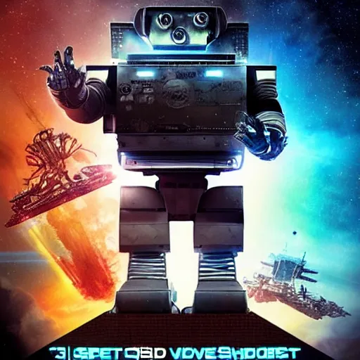 Image similar to a 3 d rendered movie still a giant robot ( ( kitten ) ) 1 million into the future. the robot is sentient, wears a spacesuit, and explores cosmos in a super awesome space ship. science fiction blockbuster movie robots don't reboot or my stepmom is a robot, imax 7 0 mm. bladerunner, silent running, wall - e