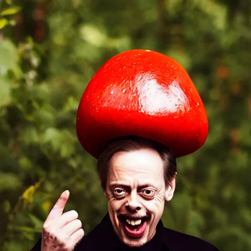 Image similar to portrait photo of steve buscemi finding a giant red mushroom, exhilarated, portrait, closeup. mouth open, 30mm, bokeh