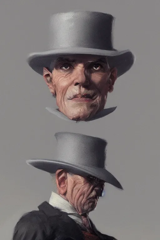 Prompt: a grey hair halfling with no beard top hat and suit by Greg Rutkowski, painting, portrait, HD, high details, trending on artstation