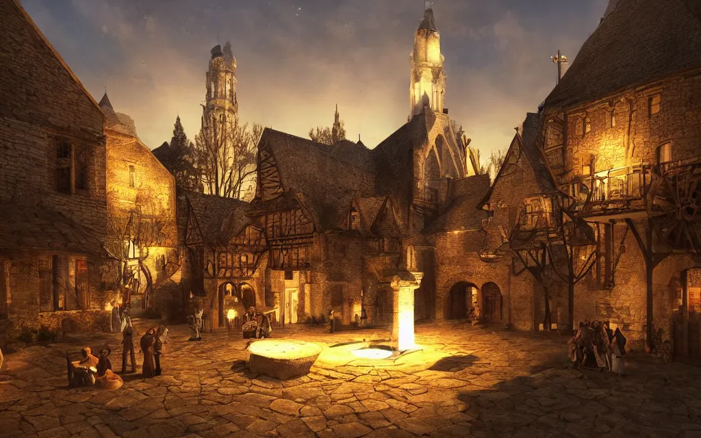 Image similar to at the square of a medieval french village, with a spaceship hovering, a well in the center, arches, orange light, highly detailed, cinematic lighting, render, fantasy