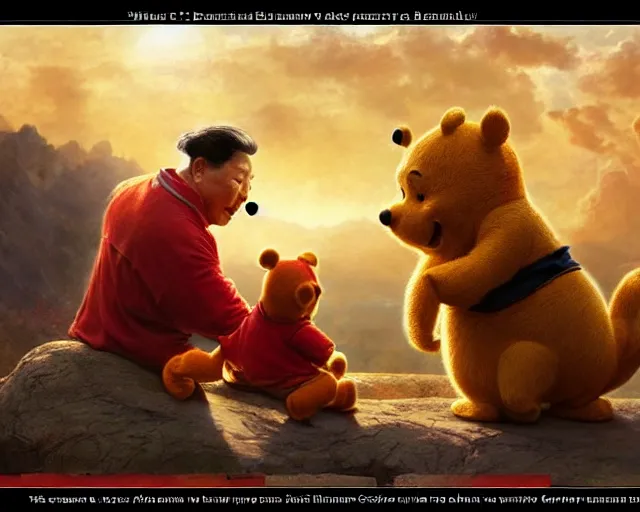 Image similar to chinese president xi jinping and winnie the pooh are best friends, cinematic composition, epic dramatic lighting, realistic, hyperdetailed, photorealistic, photograph, epic scale by gaston bussiere