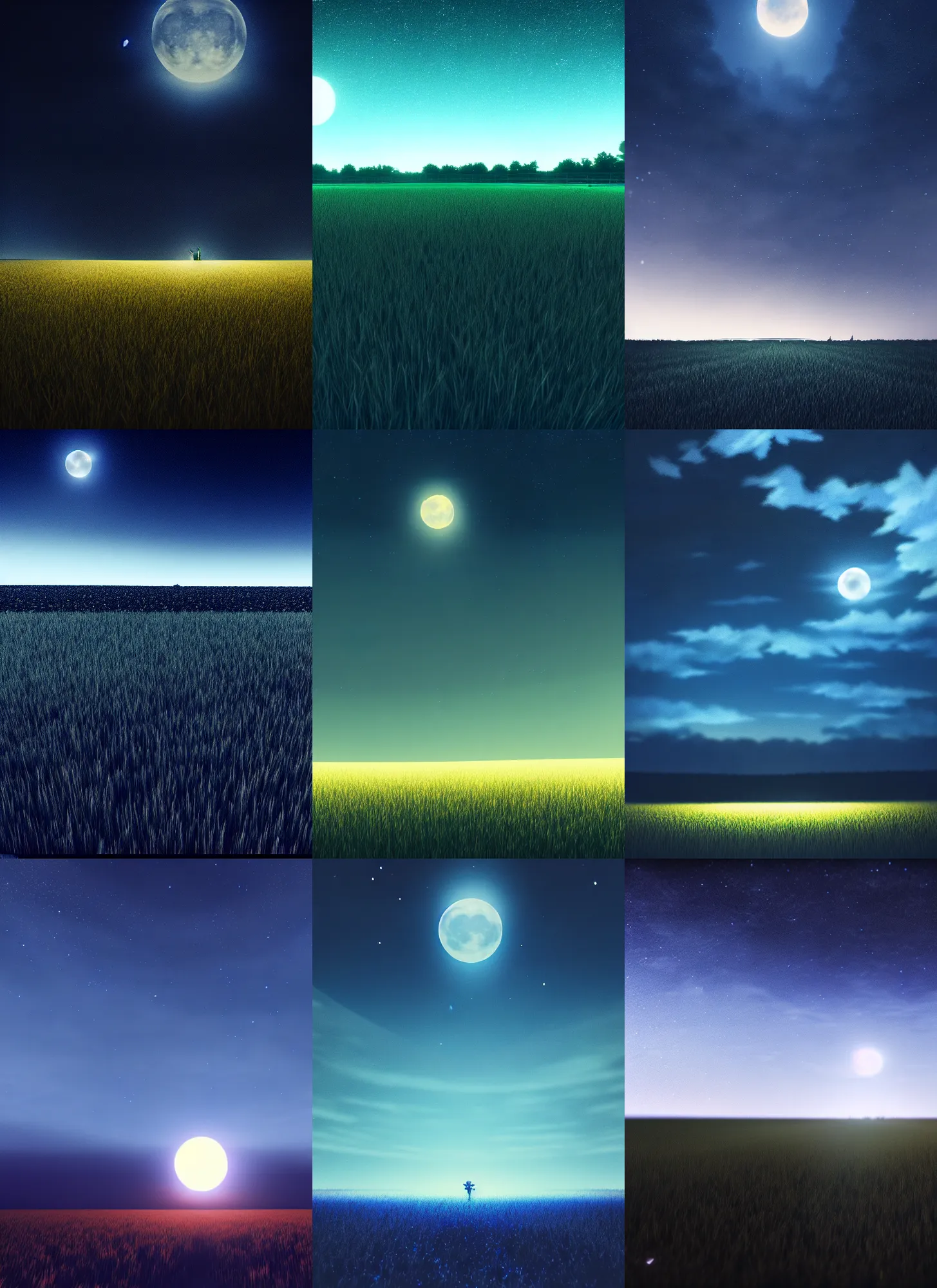 Prompt: a field at night, night time, moonlight, dark blue sky, finely illustrated, highly detailed, good value control, good edge control, anime, animation, octane render, 8 k