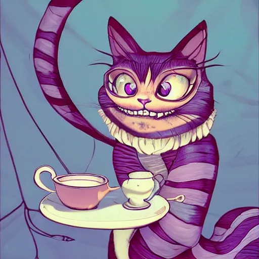 Prompt: cheshire cat drinking tea, by cory loftis, character art, art, very coherent, plain background, trending on artstation