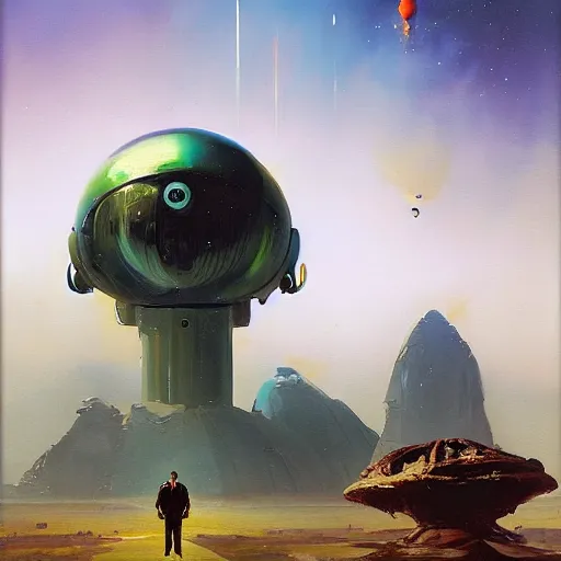 Image similar to a painting of a man standing in front of a giant alien, poster art john berkey and simon stalenhag and gilbert williams, cgsociety, space art, lovecraftian, cosmic horror, poster art
