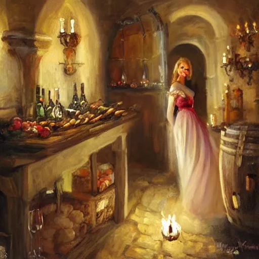 Image similar to wine cellar full of food, torches on the wall, schnapps, romantic, inviting, cozy, blonde woman, painting, Fritz Wagner, Vladimir Volegov, Olga Zakharova