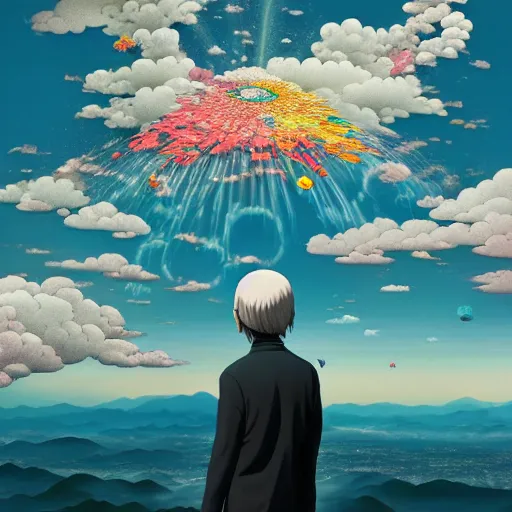 Image similar to a man walking on clouds above kyoto by takashi murakami, beeple and james jean, aya takano color style, 4 k, super detailed