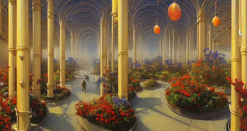 Prompt: a minimalist oil painting by donato giancola and james gurney vaulted ceilings, warm coloured, cinematic scifi luxurious futuristic foggy steam filled garden circular shopping mall interior with microscopy giant windows flowers growing out of pretty bulbous ceramic fountains, gigantic pillars and flowers, maschinen krieger, beeple, star trek, star wars