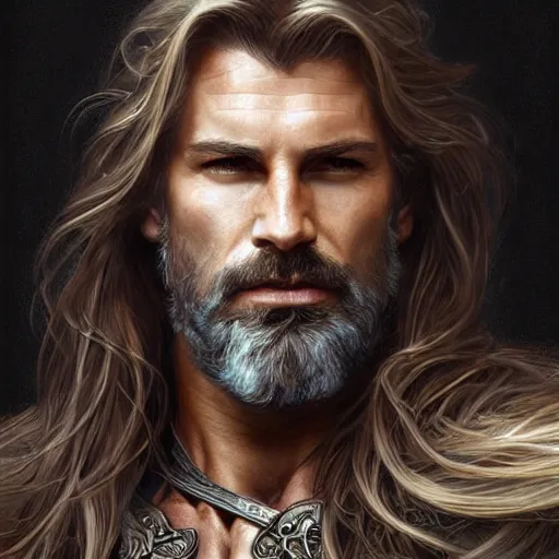 Prompt: portrait of a ruggedly handsome paladin, flowing hair, muscular, half body, masculine, mature, leather, hairy, d & d, fantasy, intricate, elegant, highly detailed, digital painting, artstation, concept art, smooth, sharp focus, illustration, art by artgerm and greg rutkowski and alphonse mucha