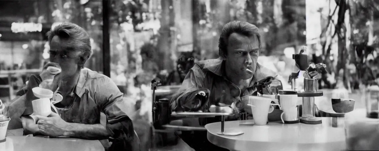 Image similar to the terminator drinking coffee at a restaurant, cinematic composition, anamorphic lens, 1 9 8 0 s, stanley kubrik, kodak film stock