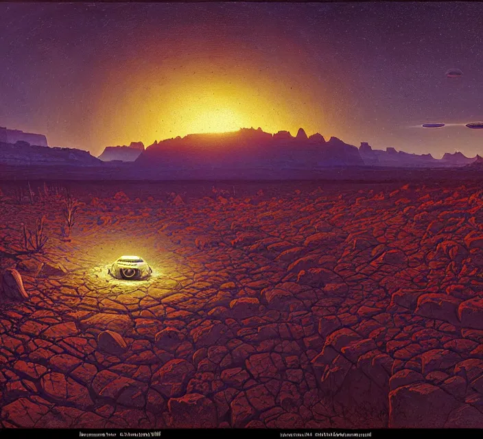 Prompt: the 👽 crash site at a dry river bed in a barren 🏜 by ivan shishkin and zacharias aagaard and simon stalenhag and dan mumford and josan gonzalez, chiaroscuro, tonalism, sfumato, high saturation, retrowave