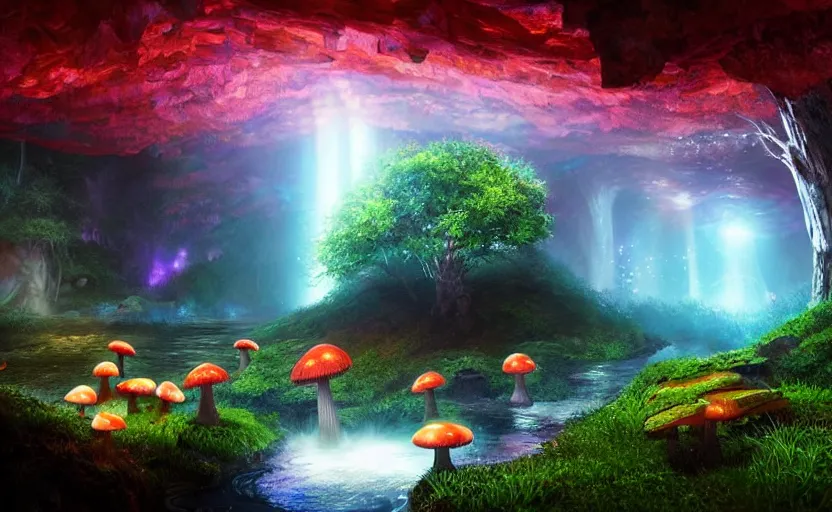 Image similar to a beautiful and stunning professional digital artwork of a glowing mushroom cave, haze, spores floating in the air, waterfall, volumetric lighting, hyperrealistic, rtx on, ultra detail