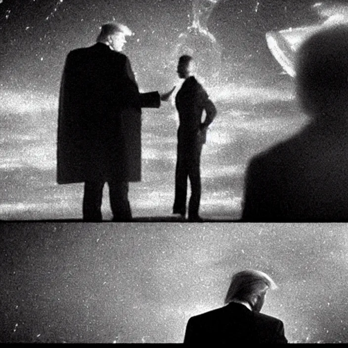 Image similar to A very blurry and grainy ominous screen footage capture of Donald Trump talking to an alien