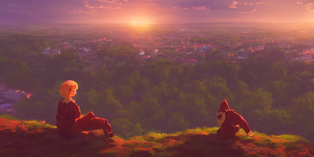 Prompt: tsarevna sitting on a rock off to the side looking down upon swedish town, during dawn, cinematic, very warm colors, intense shadows, anime illustration, anime screenshot composite background