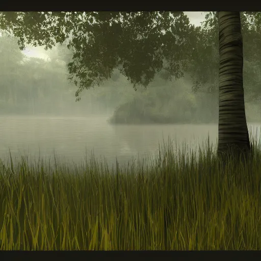 Prompt: concept of artistic swamp with mystic fog, water on the foreground and fisher with fishing rode, from horror movies, artstation, lowpoly vegetation