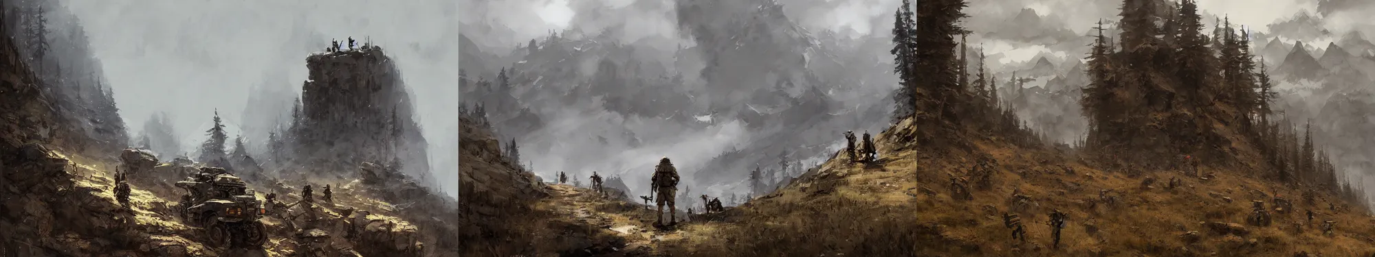 Prompt: scouts looking at an army movement in the background of a mountain pass, papyrus, watercolored, jakub rozalski, dark colours, dieselpunk, artstation