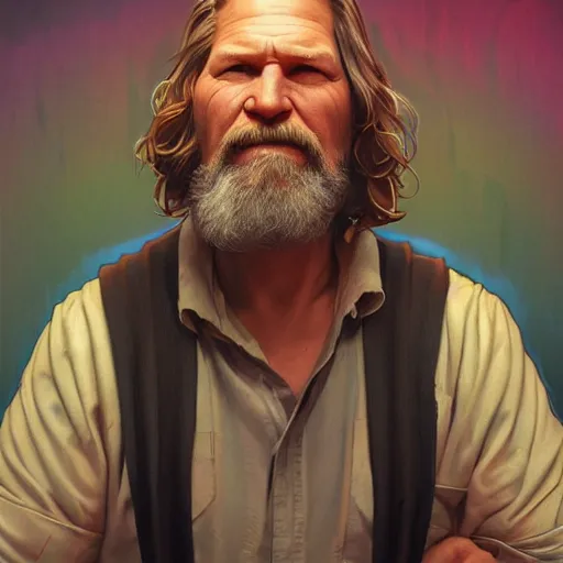 Image similar to high quality illustration, jeff bridges lebowsky realistic portrait, by etam cru, cyberpunk, alphonse mucha, riot game, beautiful, epic camera, colorful background, arcane, league of legend, digital painting, dynamic colors, artstation, concept art, graffiti, neon