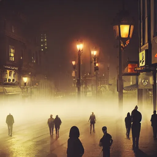 Image similar to fantastic dark vampire city, lights in the dark, lanterns, cityscape, fog, people in the streets, sharp roofs, smoke, by greg rutkovski