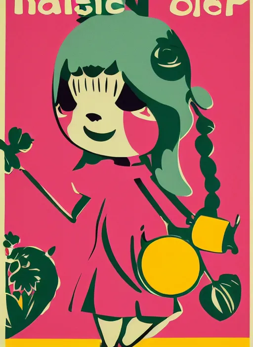 Image similar to Polish posters for Isabelle from Animal Crossing. Screen printed, silkscreen, two-tone paper texture. 1968