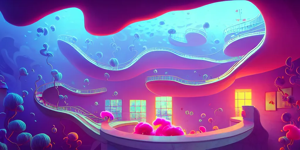 Image similar to minimalistic extreme wide angle curved perspective digital art of sss chubby cotton candy indoor casino, one staircase, with curly plants by anton fadeev, lorax movie, underwater smoke