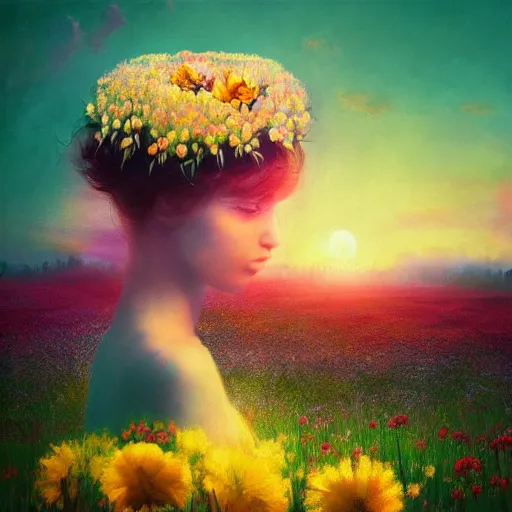 Image similar to girl with a blooming flower for a head, surreal photography, dream, standing in flower field, magical, in a valley, sunrise dramatic light, impressionist painting, colorful clouds, artstation, simon stalenhag, blooming flower face