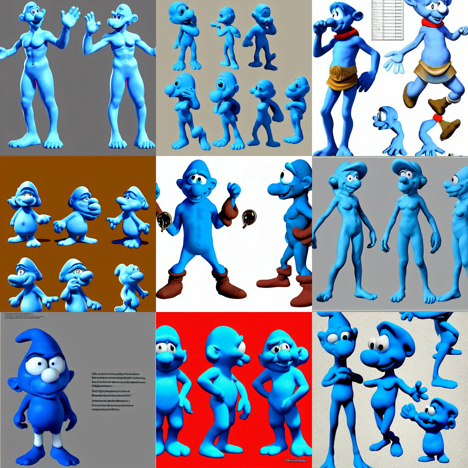 Prompt: smurf reference sheet, 3 d character reference sheet, princes by caravaggio