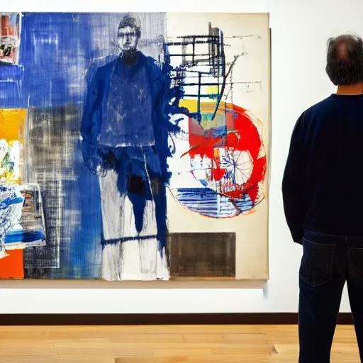 Image similar to a man standing in front of a display of paintings, an abstract painting by robert rauschenberg, pixiv, american scene painting, academic art, dye - transfer, dynamic composition