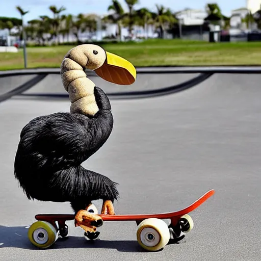 Image similar to a dodo wearing a gold chain around its neck and baseball cap, on a hovering skateboard without wheels, at a skate park near the beach, Saturday Morning cartoon