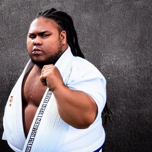 Image similar to photo of chubby black bjj athlete with long dreads posing, serious face, white belt