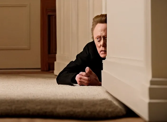 Image similar to film still of Christopher Walken hiding under a bed in the new Shining movie, 4k