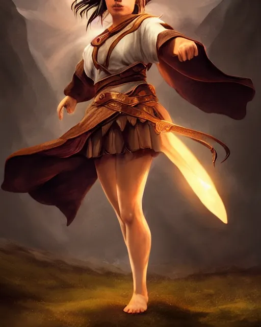 Prompt: full body portrait of a female halfling hobbit monk fistfighter, seeing a holy vision of her goddess, flowing robes and leather armor, sharp focus dynamic light painting by charlie bowater